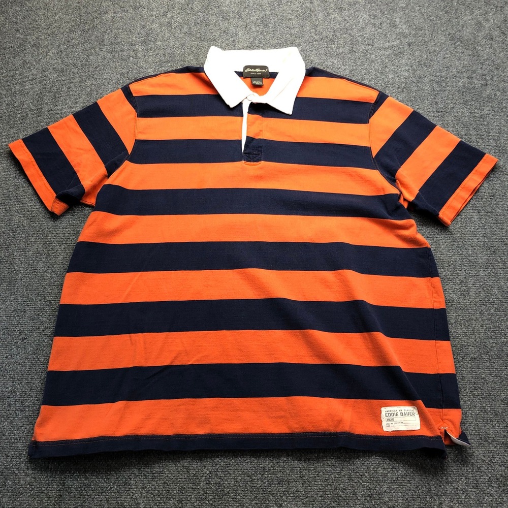 Eddie Bauer Mens XXL Orange Navy Blue Striped Short Sleeve Rugby Shirt Cotton